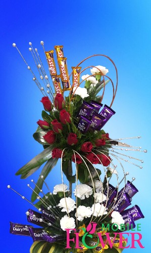 dairy milk 5 star chocolates with roses n carnation arranement  / mobile flower pune